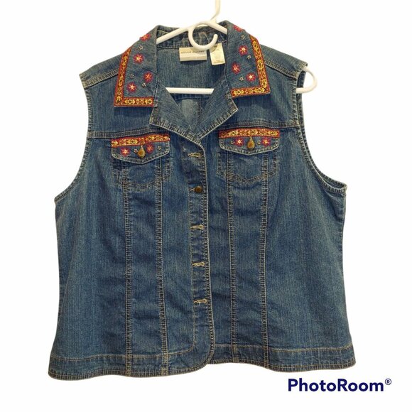 ALFRED DUNNER Jean Vest SZ 16p Embellished boho hippie retro 70's coastalgrandma - Picture 5 of 11